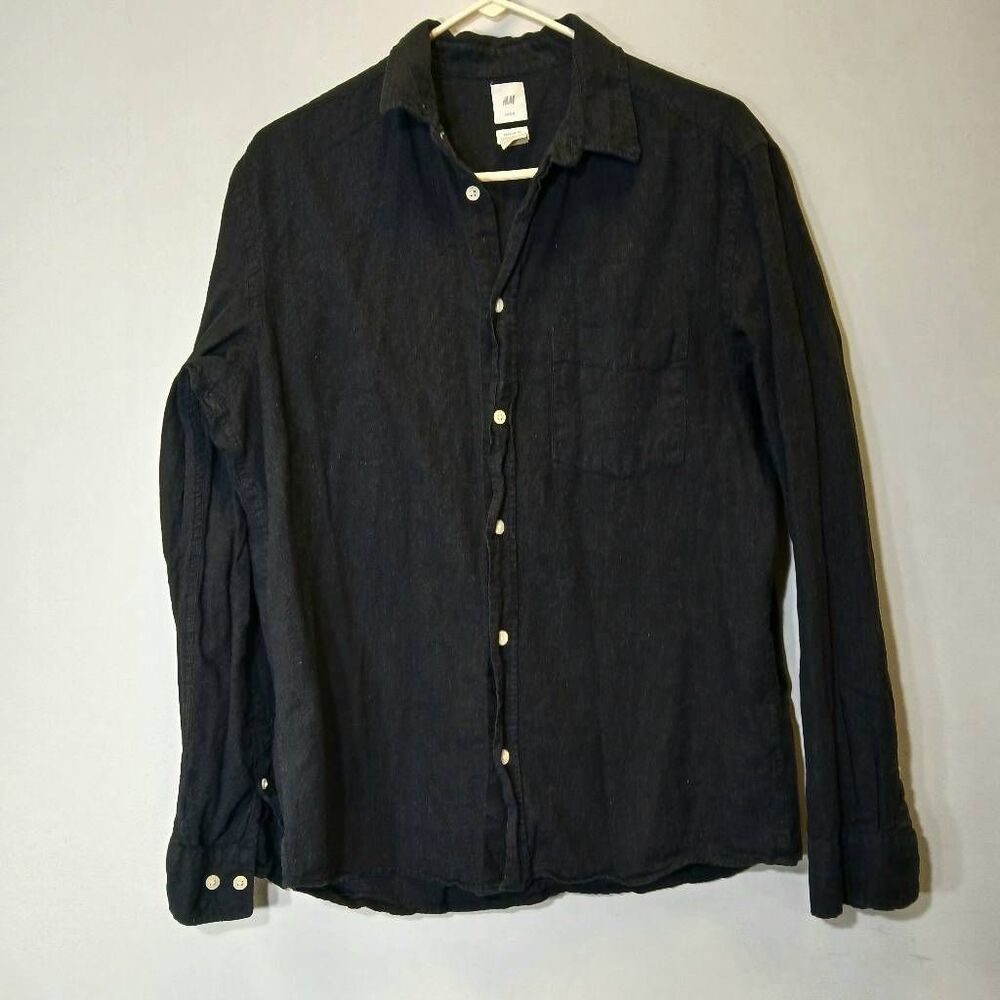 LOGG by h&m mens medium linen shirt longsleeve button down black